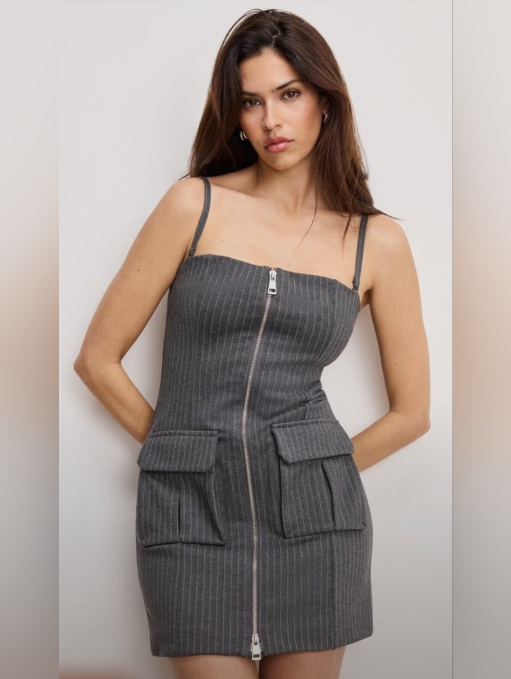 NWT Good American Pinstripe Zip Front Mini Dress Bodycon Gray Size S MSRP $169